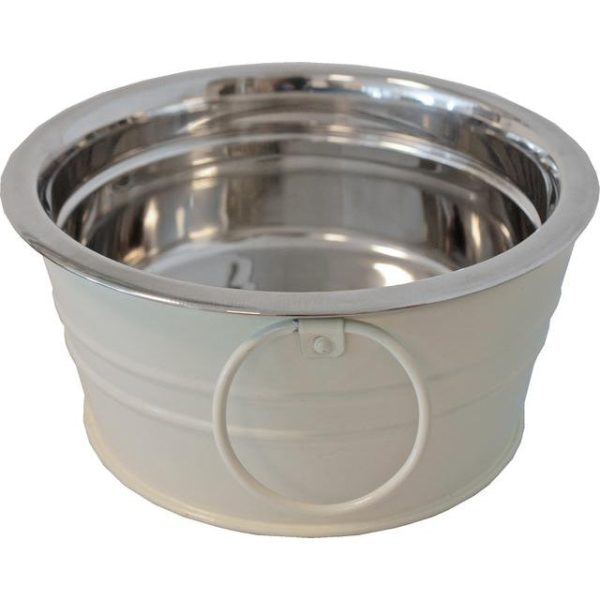 Katten voer water bakken  RVS metaal  Brocante  crème, 16 cm. Online Hot Sale